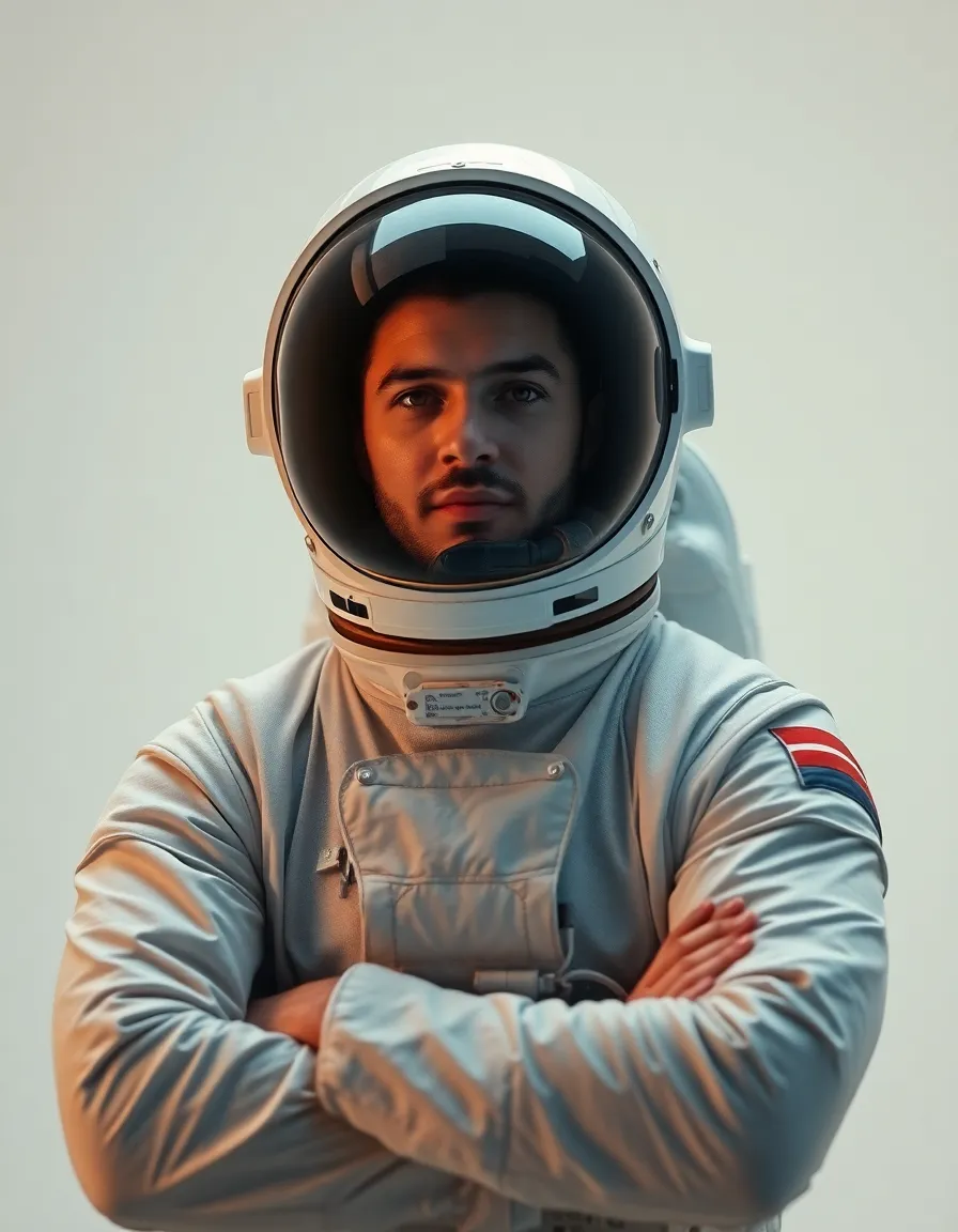Confident Astronaut Portrait This striking portrait features an astronaut standing against a minimalistic white backdrop, arms crossed in a pose of confidence. The high contrast lighting accentuates the sleek lines of the space suit and the reflective surface of the helmet. The warm tones add a touch of humanity to this extraordinary figure, making them relatable and inspiring. Sharp details in the helmet's visor and fabric textures of the suit convey the advanced technology used in space exploration, while the blurred background ensures all focus remains on the astronaut.