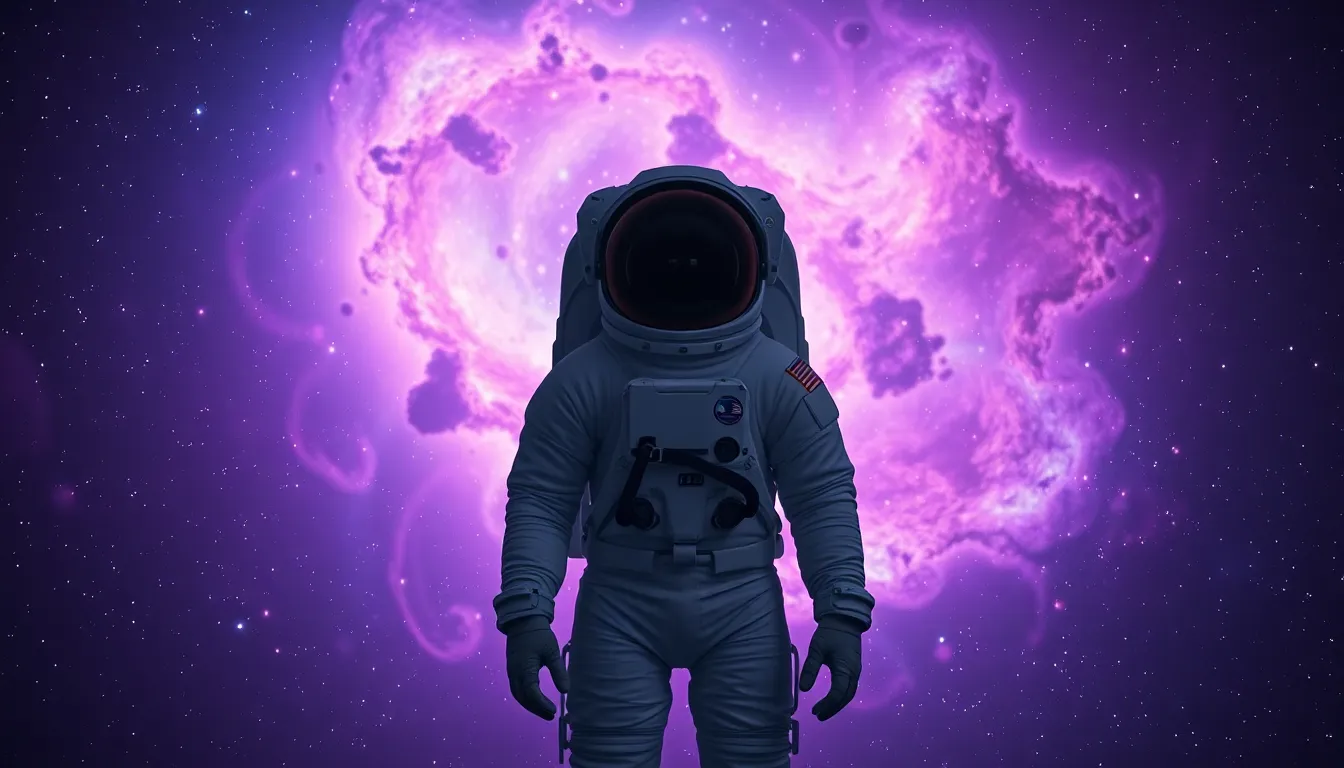 Astronaut Against Cosmic Nebula in Deep Space