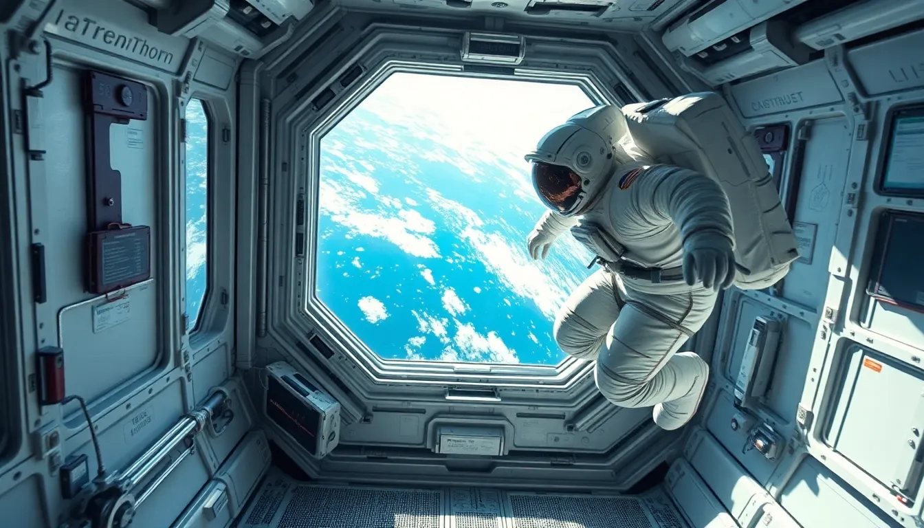 Astronaut Floating in Zero Gravity Inside ISS