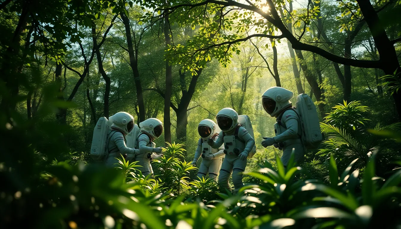 Astronauts Exploring Alien Forest