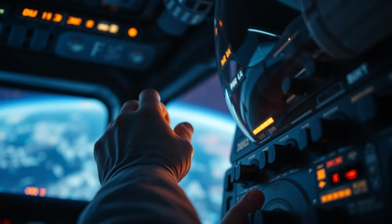 Astronaut Hand Adjusting Controls in Spacecraft Cockpit
