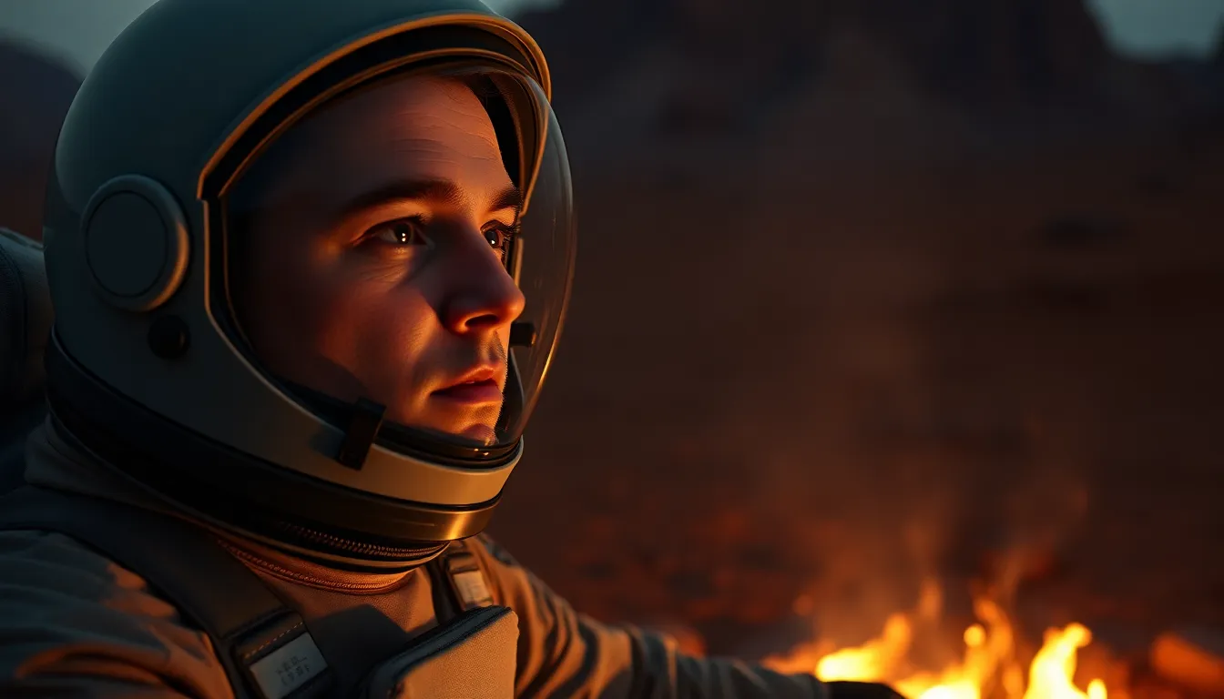 Astronaut by Campfire on Mars-Like Surface This evocative image features an astronaut sitting by a warm campfire on a rugged, Mars-like landscape. The flickering firelight creates a surreal play of shadows on the astronaut's face, capturing an expression of wonder and contemplation. The earthy tones of the scene beautifully evoke a Martian atmosphere, while the textures of the terrain and the astronaut's suit are emphasized by the warm glow. This shot conveys a deep sense of exploration and solitude.