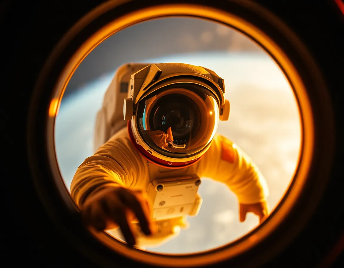 Astronaut Floating in Space Through Window