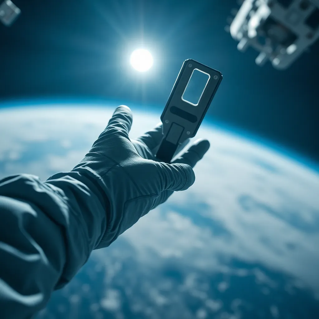 Astronaut Hand Reaching for Tool in Space In this striking macro image, an astronaut's gloved hand is captured as it reaches delicately for a floating tool in microgravity. The bright spotlight reveals the intricate textures of the glove against a blurred background of spacecraft. Muted metallic tones harmonize with the scene, emphasizing the complex environment of space. This visual narrative highlights the precision and care required in space missions.