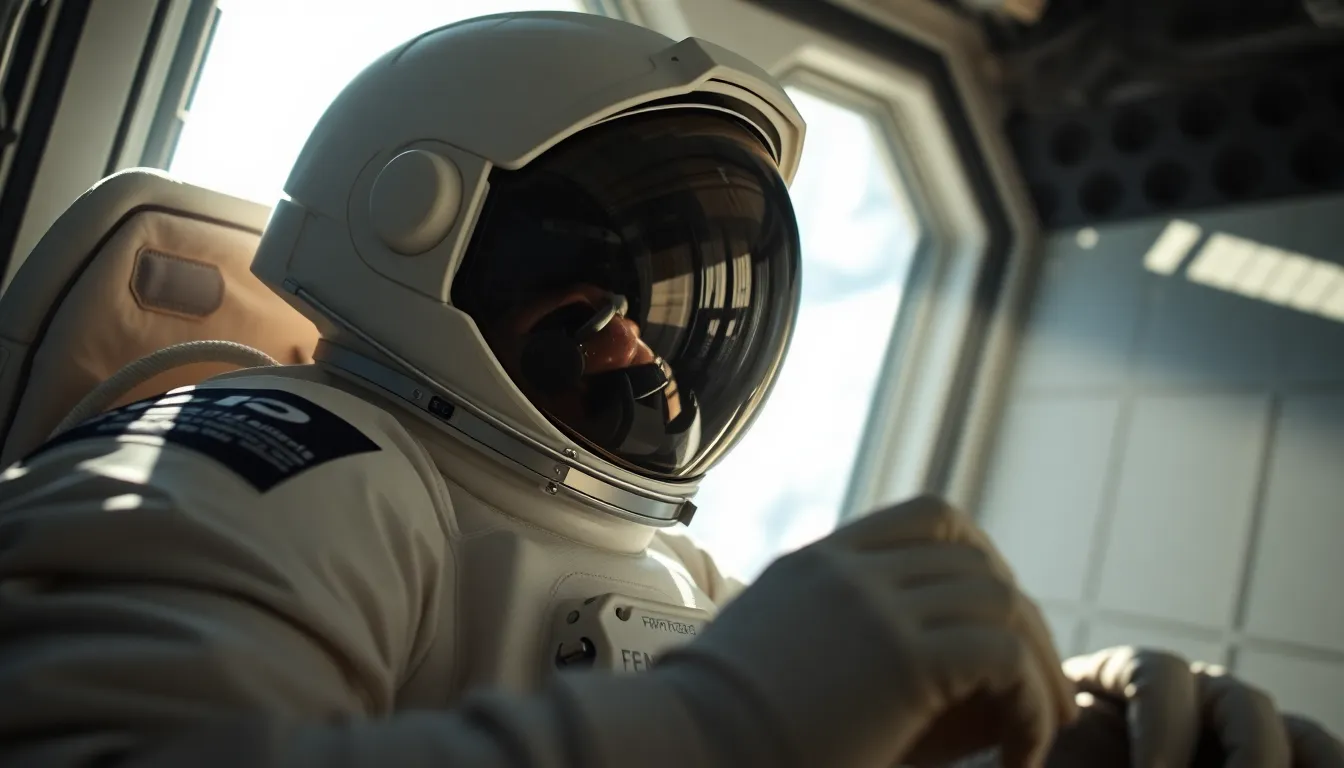 Astronaut Working with Equipment Inside Shuttle
