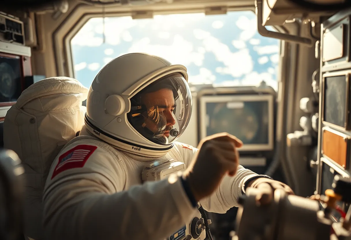 Conducting Experiments in Space An astronaut is deeply focused on conducting a scientific experiment aboard the International Space Station, surrounded by an array of advanced equipment. Dappled sunlight filters through the windows, illuminating the scene with a soft, inviting glow. The macro perspective captures fine details of the astronaut's suit and surrounding instruments, revealing the textures and complexity of life in space. This image embodies the essence of scientific exploration and innovation beyond Earth.