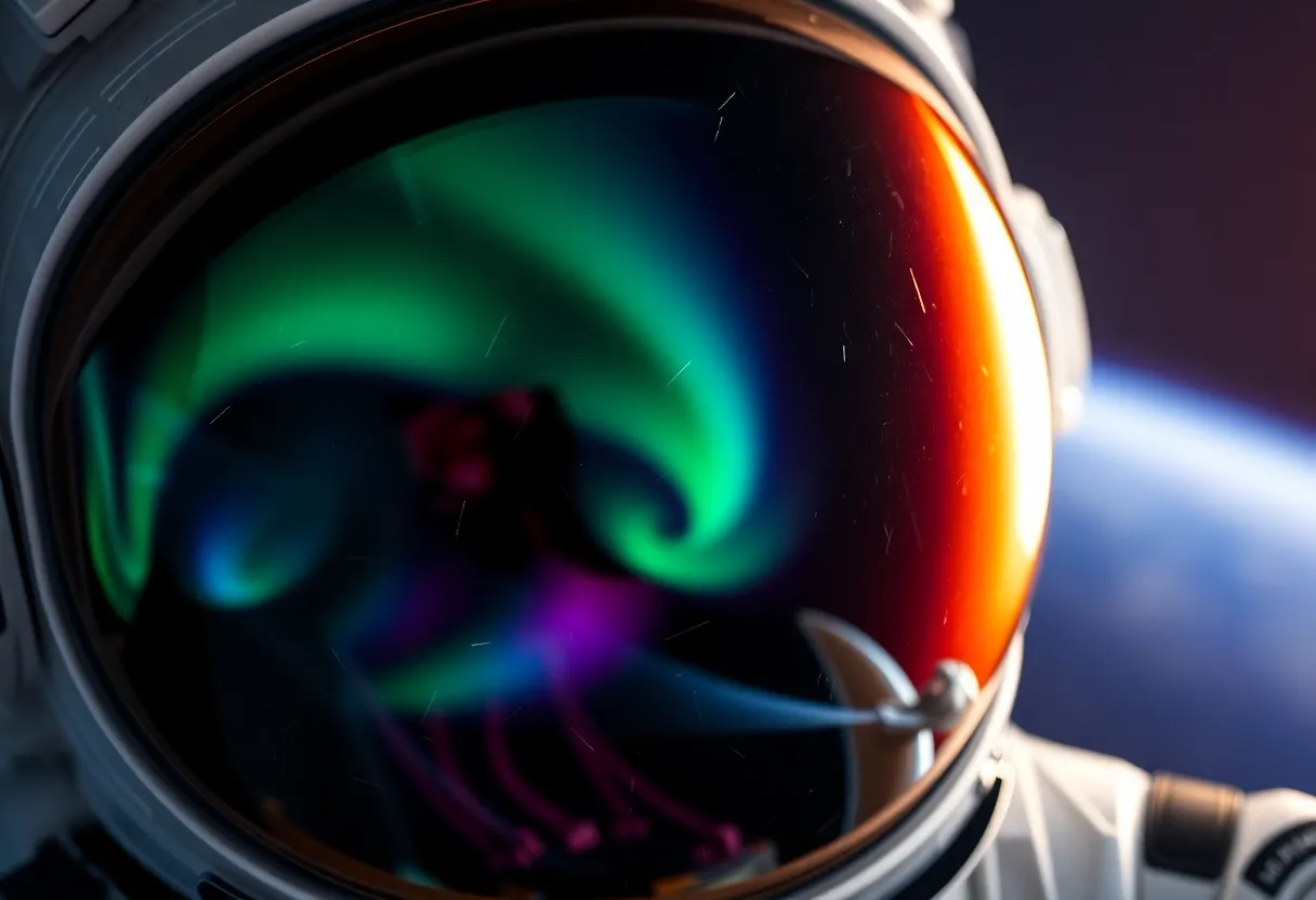Close-Up of Astronaut Helmet Visor Reflecting Auroras