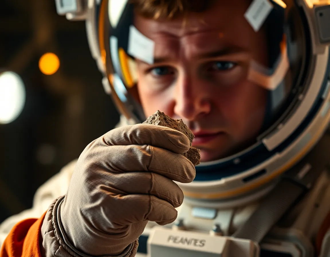 Astronaut Collecting Rock Sample on Extraterrestrial Surface