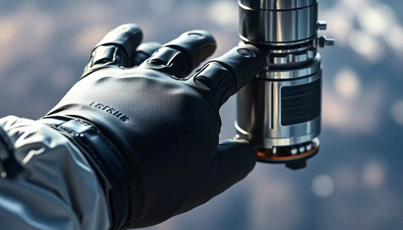 Astronaut's Glove Engaging with Satellite Tool An astronaut's glove reaches out to interact with a floating satellite tool, showcasing the intricate textures and materials of the space suit. Captured in natural daylight, the scene reflects the careful precision required in space operations. With a selective focus technique, the details of the glove and tool are sharply defined against a beautifully blurred background, illustrating the balance between humanity and technology in space.