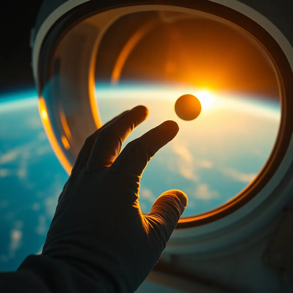 Reaching for the Unknown This stunning macro image features an astronaut's gloved hand reaching towards a mysterious floating object in the vastness of space. The golden hour light captures the reflections dancing across the helmet's visor, adding a dramatic touch to the scene. The shallow depth of field focuses on the intricate textures of the glove while the object remains softly blurred, inviting curiosity. Rich cinematic colors of teal and orange create a compelling atmosphere, emphasizing the adventurous spirit of human exploration.