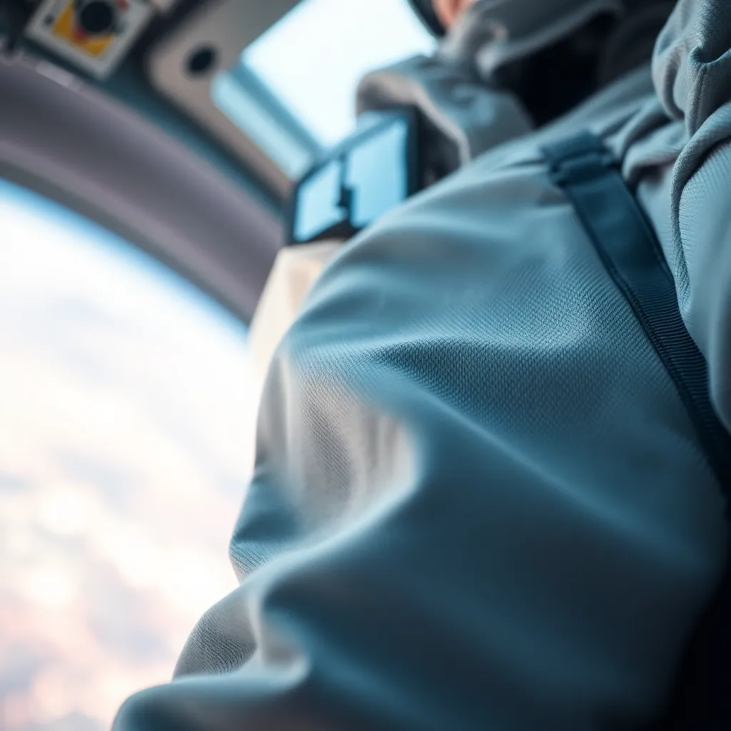Close-Up of Space Suit Details This macro image captures the intricate details of a space suit's fabric, showcasing the advanced materials and technology that protect astronauts during their missions. Soft, diffused lighting mimics natural daylight, enhancing the textures and stitching patterns visible in the fabric. The background gently blurs, allowing the viewer to focus on the craftsmanship of the suit. The muted color palette emphasizes the sophisticated design and engineering behind space gear, making this image a perfect representation of modern space exploration.