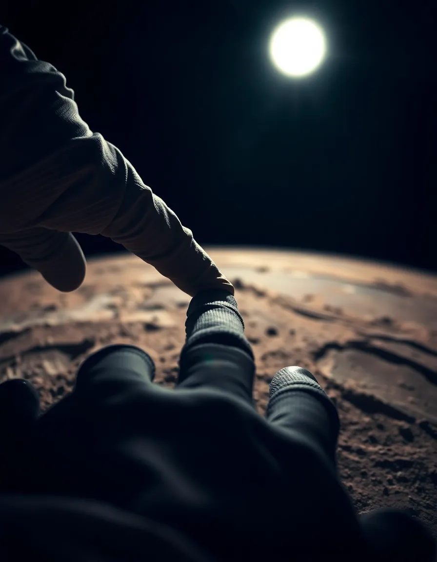 Astronaut Reaching for Earth Model This imaginative image features an astronaut's gloved hand reaching toward a floating Earth model, encapsulating the connection between humanity and space. The dramatic studio lighting emphasizes the textures of the glove and the vibrant colors of the Earth, creating a striking visual narrative. The shallow depth of field draws viewers' attention to the hand, while the blurred Earth model signifies aspiration and exploration.