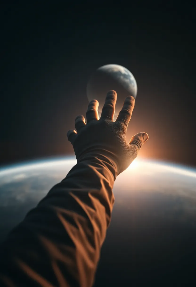 Astronaut's Hand Reaching Towards Distant Planet