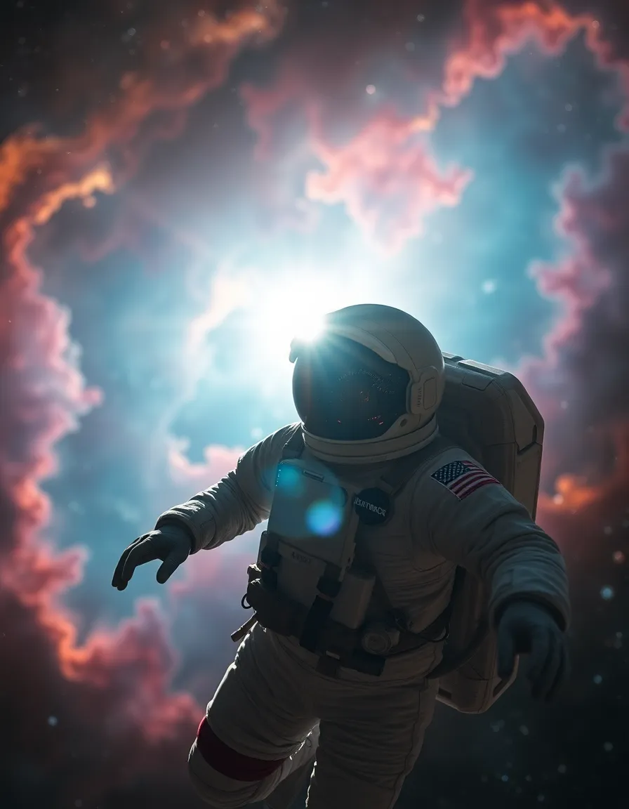 Astronaut Floating Through Colorful Nebula
