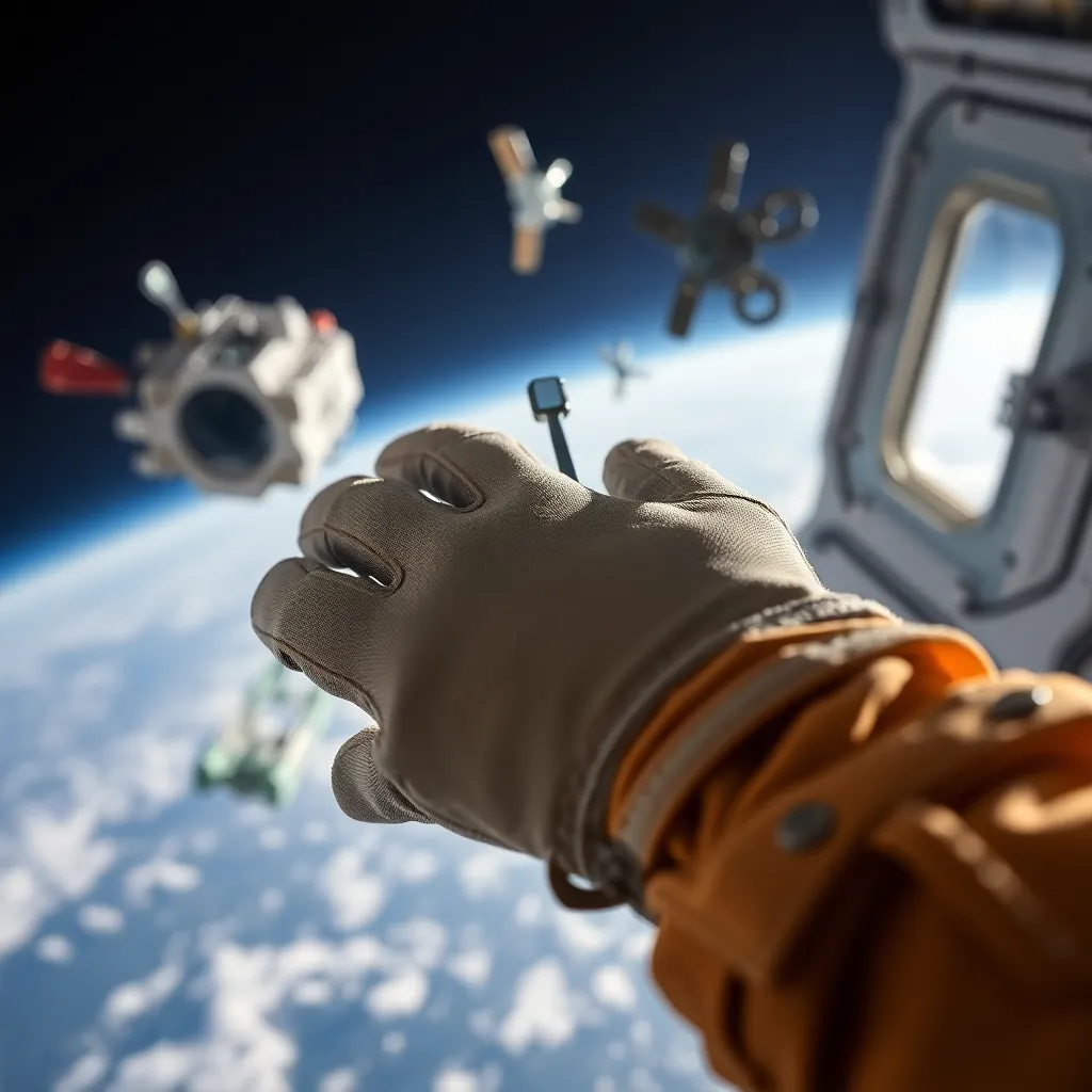 Close-Up of Astronaut's Glove with Floating Tools This macro shot captures the intricate details of an astronaut's glove, showcasing the textures of the fabric and the tools that float in the zero-gravity environment. Natural light spills through the window, creating soft shadows that highlight the glove's craftsmanship. The engaging composition draws the viewer’s attention to the glove, illustrating the precision and engineering involved in space missions. The floating tools subtly add to the scene's context, enhancing the exploration theme.