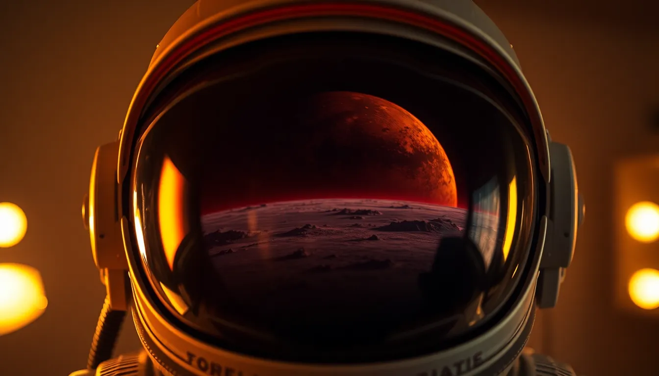 Close-Up of Astronaut Helmet Reflecting Alien Landscape