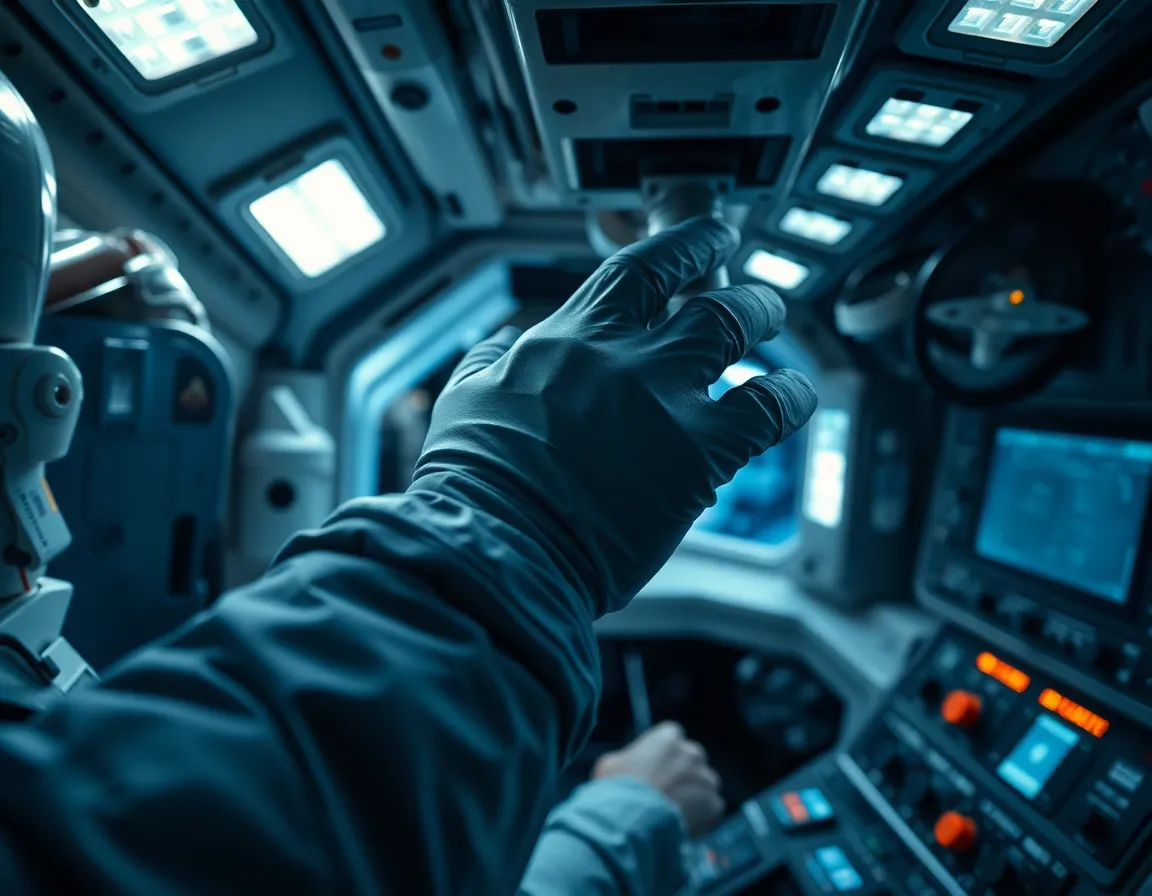 Astronaut Adjusting Equipment in Spacecraft