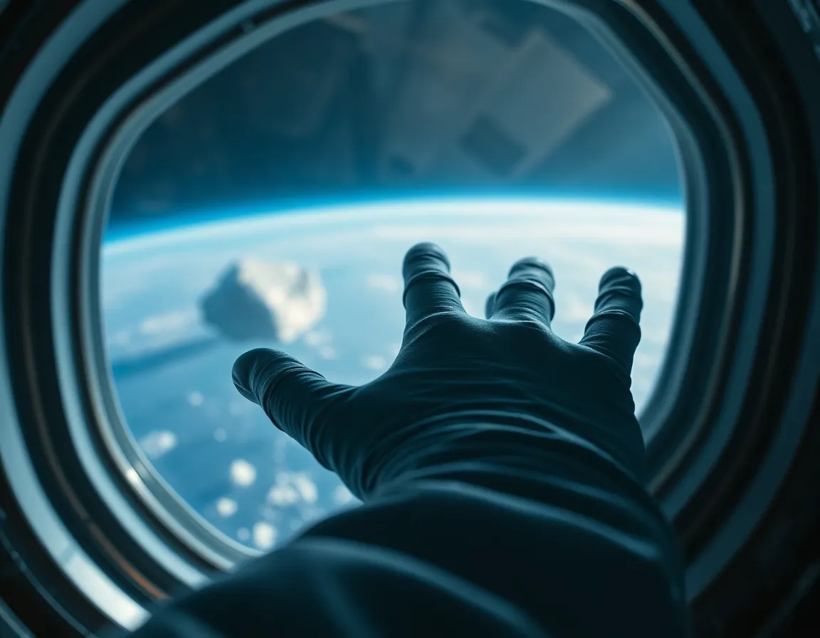 Astronaut Hand Reaching Toward Asteroid