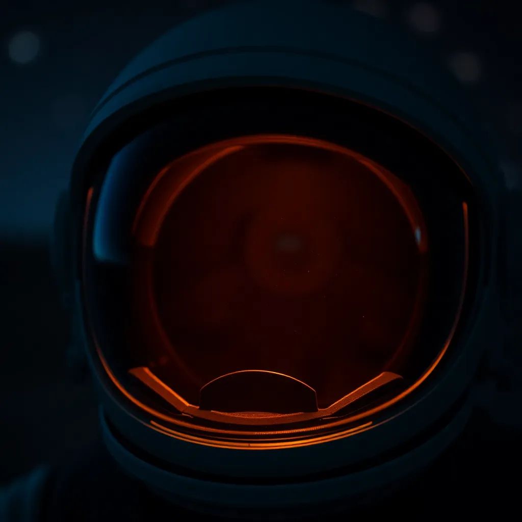 Close-up of Astronaut Helmet Under Campfire Light Explore the stunning intricacies of an astronaut's helmet in this detailed close-up image. Warm tungsten light simulates a campfire glow, casting enchanting shadows and highlighting the helmet's reflective surface. In the background, stars softly blur into a painterly texture, enhancing the dreamlike quality of the scene. The muted color palette emphasizes the surreal experience of solitude in space, inviting viewers to appreciate the intersection of technology and humanity amid the cosmos.