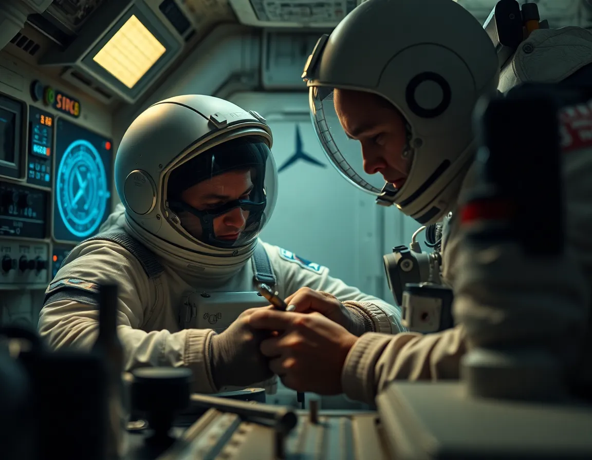 Astronaut Repairing Equipment Inside Spacecraft