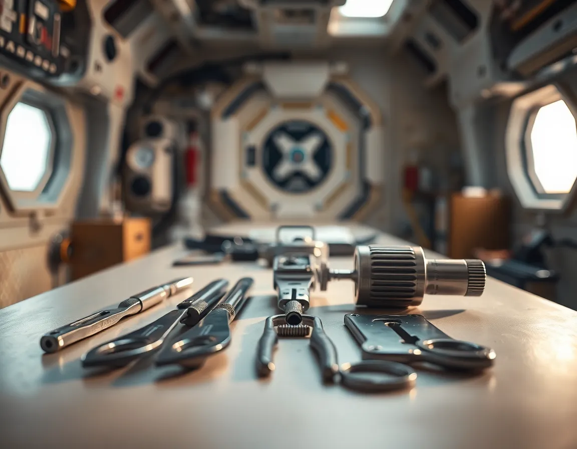 Astronaut Tools on Spacecraft Workbench This image provides an up-close view of an astronaut's tools laid out meticulously on a spacecraft workbench, bathed in soft diffused daylight. The shallow depth of field highlights the intricate details of the tools, while the creamy bokeh background creates a smooth visual experience. The natural muted tones emphasize the metallic surfaces, enhancing the tactile quality of the scene. Leading lines from the workbench direct the viewer's attention, encapsulating the preparation for exploration.