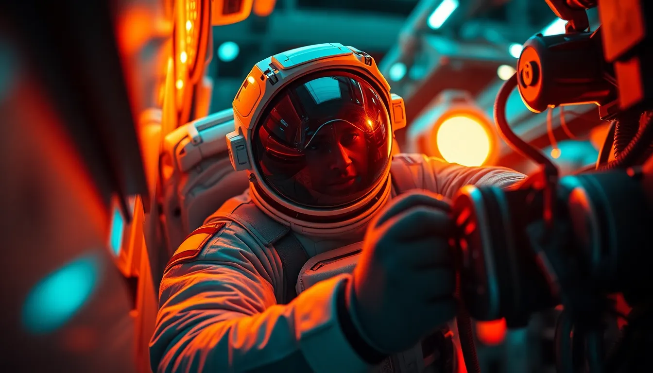 Astronaut Interacting with Space Equipment