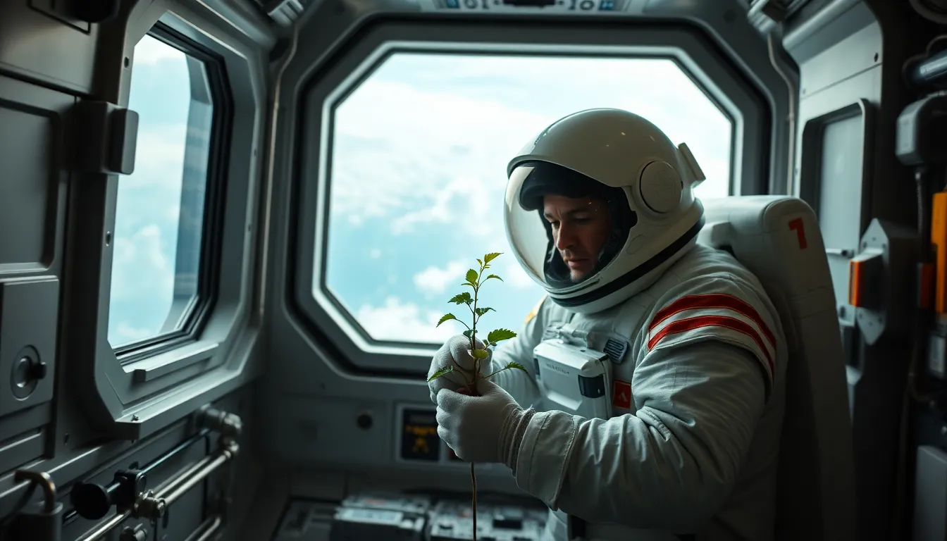 Astronaut Nurturing Plant on Space Station