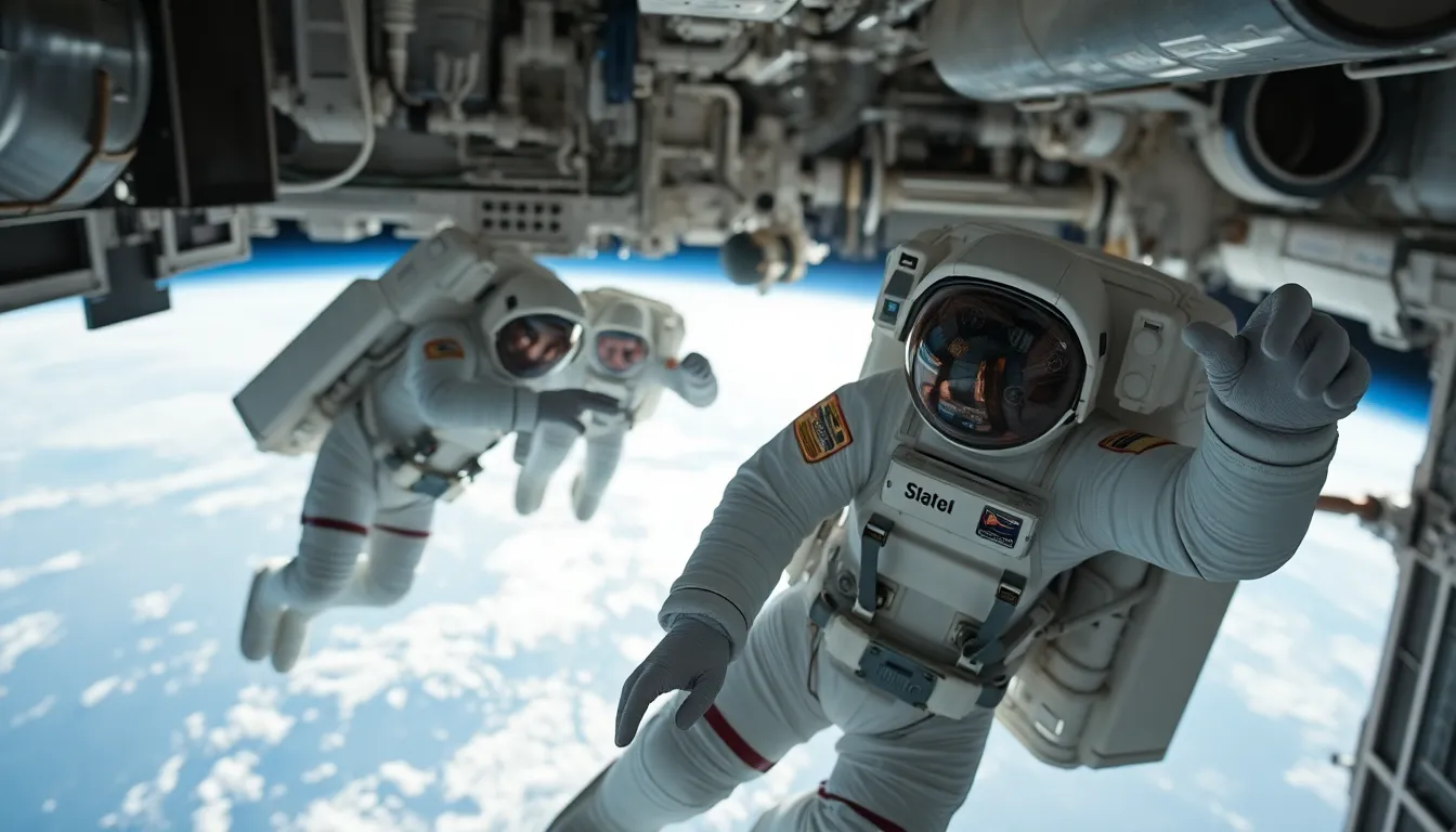 Astronauts Performing Spacewalk Outside Space Station