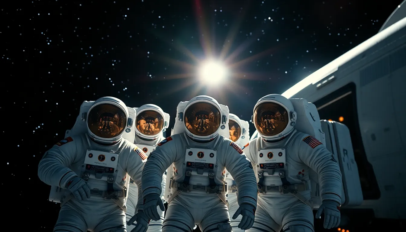 Astronauts Performing Spacewalk This dynamic image captures a group of astronauts engaged in a spacewalk outside a space shuttle against a star-filled sky. The intense sunlight reflects off their helmets, producing a brilliant glow that defines the scene. Utilizing rule of thirds, the composition beautifully balances the astronauts with the vastness of space, enhancing the feeling of exploration. The shimmering stars and sleek suits create an awe-inspiring visualization of life beyond our planet.