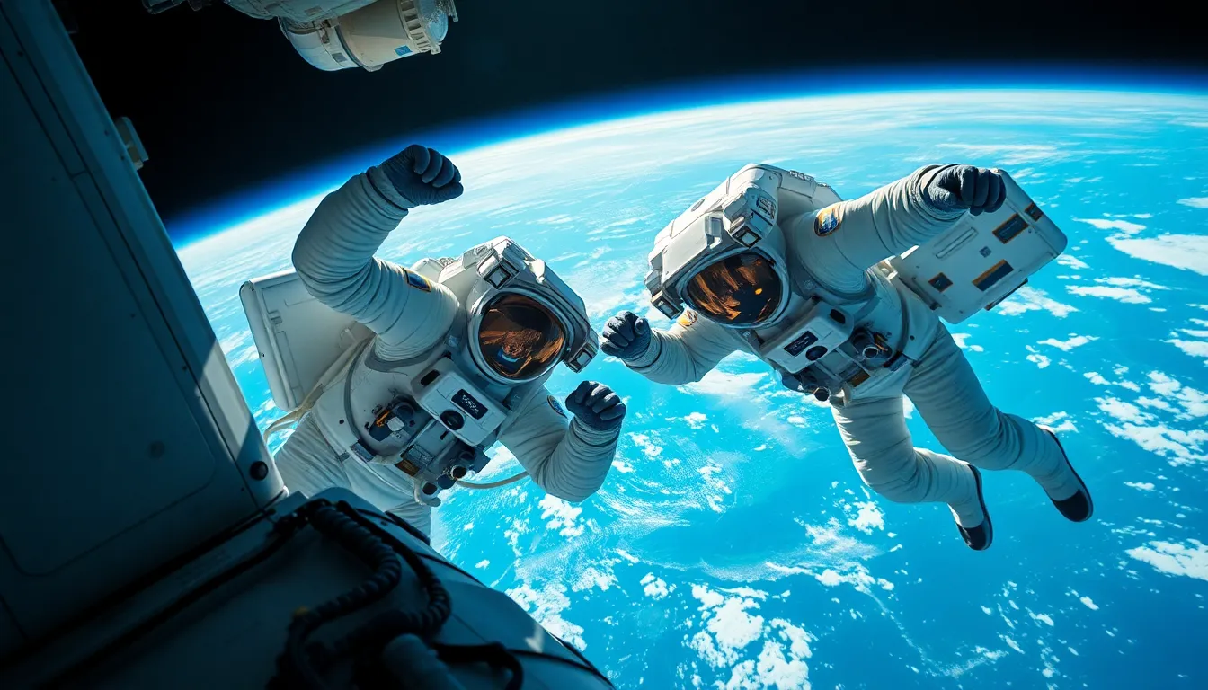 Astronauts on Spacewalk Repairing Spacecraft