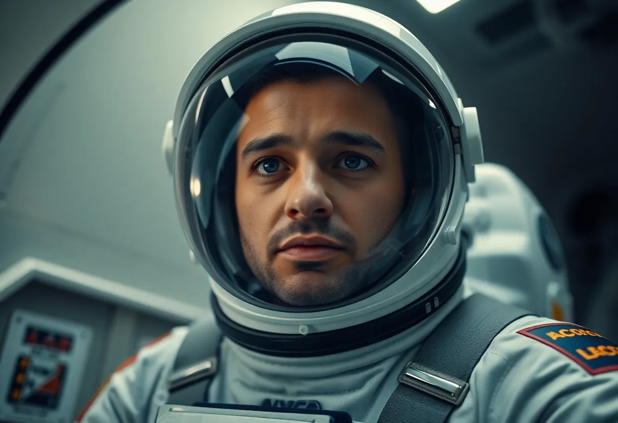 Determined Astronaut Preparing for Launch This compelling image features an astronaut in a moment of determination, preparing to board their spacecraft. The butterfly lighting enhances their facial features, while the Dutch angle adds a sense of urgency and motion. Muted colors mirror the vastness and seriousness of space, complementing the detailed texture of the suit that signifies both strength and readiness for exploration.