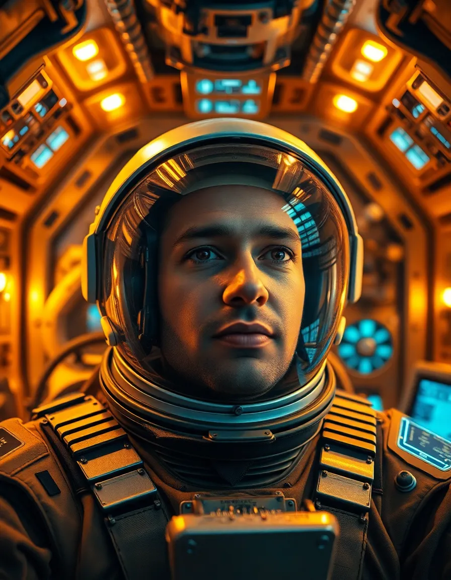 Astronaut in Contemplation Inside Spacecraft
