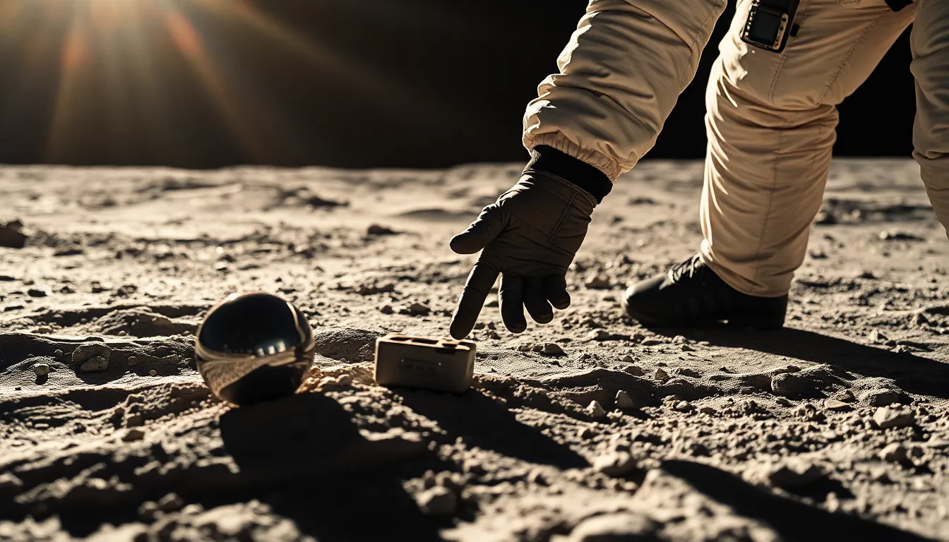 Astronaut Touching Lunar Surface In this powerful image, an astronaut's gloved hand reaches out towards the lunar surface, poised to touch an ancient space artifact. The dramatic sunlight casts stark shadows, illuminating the textures of the moon's regolith and the intricate details of the astronaut's suit. Shot in muted tones, the composition emphasizes the weight of the moment, where curiosity meets discovery. The perspective draws the viewer's eye directly to the hand, underscoring humanity's exploration of the cosmos.