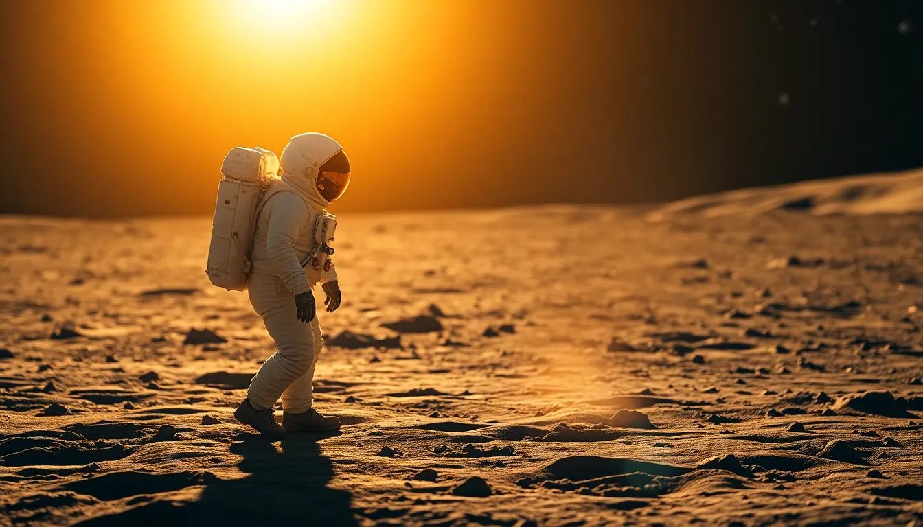 Astronaut Exploring Lunar Surface at Sunset