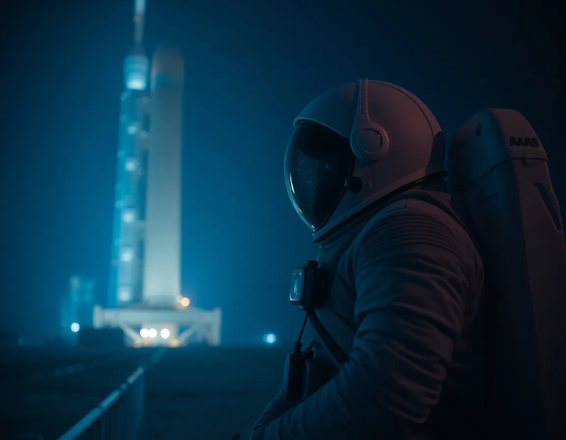 Astronaut Preparing for Launch in Cool Lighting An astronaut stands poised for launch, surrounded by the sleek machinery of the launch pad illuminated by cool LED lamps. The cool bluish glow enhances the atmosphere of anticipation, with muted tones setting a serious mood. The composition strategically uses leading lines to guide the viewer's gaze towards the astronaut, emphasizing the moment before an extraordinary journey into space.