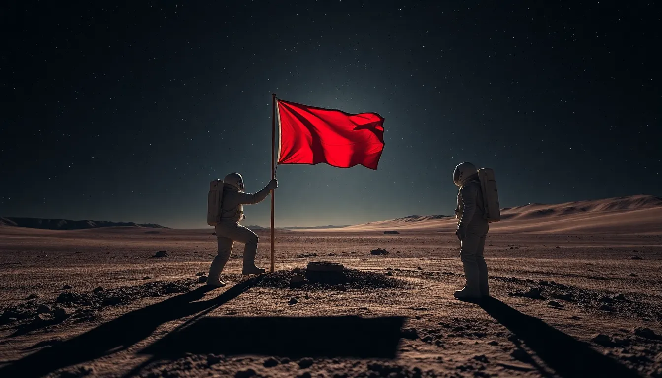 Astronaut Planting Flag on Alien Landscape