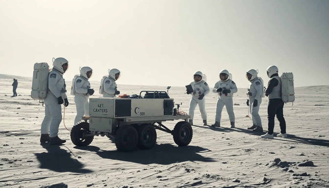 Astronauts Collaborating on Lunar Surface This compelling image illustrates a team of astronauts collaborating around a rover on the moon's surface. Soft diffused daylight illuminates the scene, highlighting the textures of the lunar dust and the gleaming silver of the rover. The composition effectively uses the rule of thirds to draw attention to the teamwork and exploration spirit. This photograph encapsulates the essence of human ingenuity in the vastness of space.