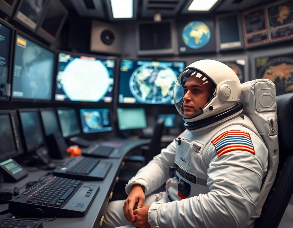 Thoughtful Astronaut in Control Room This introspective image captures an astronaut deep in thought while seated in a high-tech control room filled with screens displaying star charts. The Rembrandt lighting creates dramatic shadows, enhancing the mood of contemplation. The astronaut's suit contrasts elegantly with the muted colors of the room, while the soft bokeh in the background emphasizes the focus on the subject. This composition reflects the blend of technology and human emotion in the pursuit of space exploration.