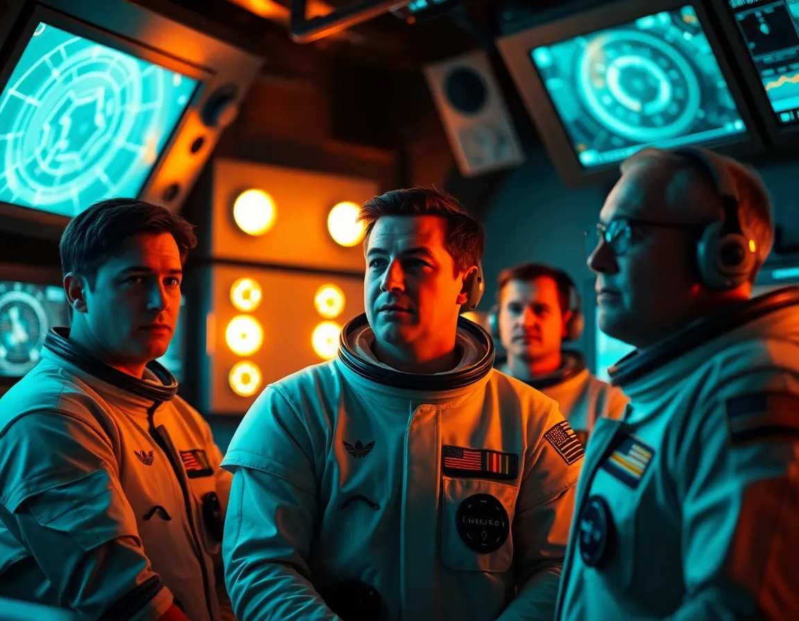 Astronauts Collaborating in Space Control Room