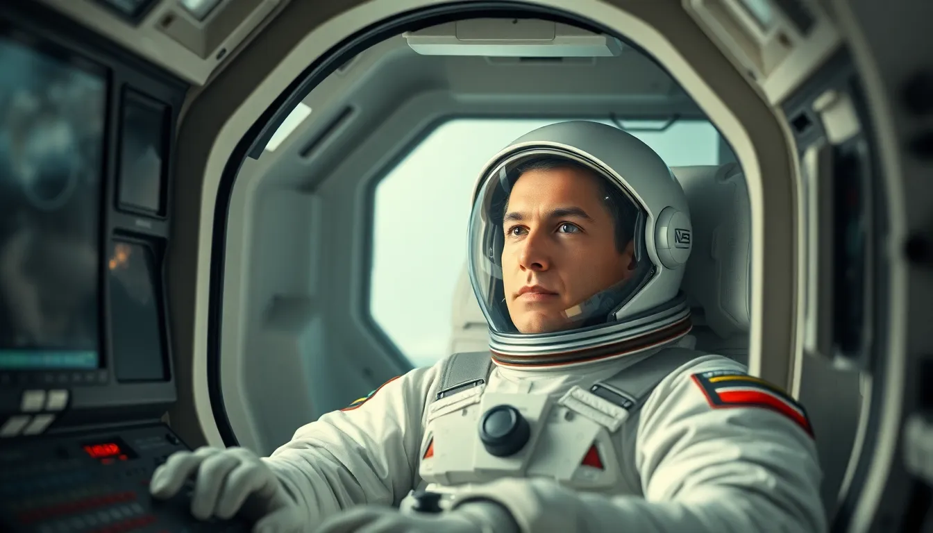 Astronaut Inside Landing Capsule with Tech Interface This intimate image captures an astronaut seated within a landing capsule, surrounded by an array of high-tech screens. The soft, diffused lighting highlights the astronaut's focused expression as they prepare for descent. The muted color palette evokes a sense of realism and urgency, perfect for illustrating the human aspect of space technology. This image showcases the intersection of human skill and advanced engineering.