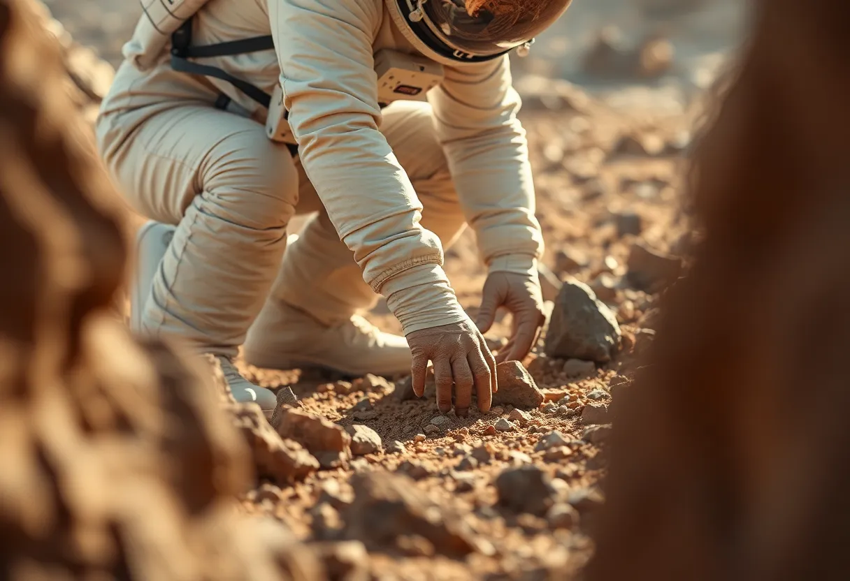 Astronaut Exploring Martian Surface An astronaut kneels on the rugged surface of Mars, gently running their hand over the terrain. The ambient firelight casts warm shadows, creating a fascinating interplay of light and texture. Rich earthy tones highlight the Martian landscape while contrasting with the sleek spacesuit. The foreground rocks frame the astronaut, inviting viewers to explore the extraterrestrial environment.