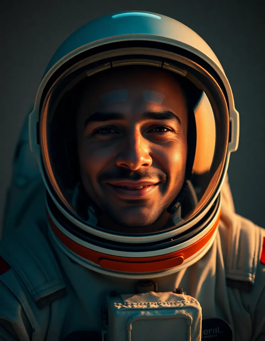 Astronaut Portrait with Studio Lighting A close-up portrait of an astronaut captured in a studio setting, featuring dramatic butterfly lighting that highlights the glossy textures of their suit. The shallow depth of field focuses on the astronaut's expressive face, while the Kodak Portra 400 color palette enriches the warm skin tones. The centered composition allows for a detailed view of the intricate helmet design and fabric textures.