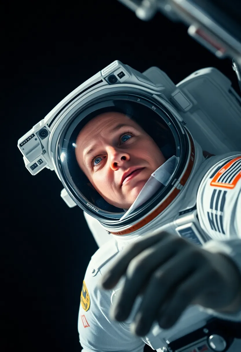 Astronaut in Dramatic Spacewalk A dramatic portrayal of an astronaut engaged in a spacewalk, captured with intense lighting that emphasizes the contrast between the bright white suit and the blackness of space. The astronaut's face is in sharp focus, revealing a mix of wonder and determination. The vibrant colors of the space suit pop against the dark backdrop, creating a visually striking image. The Dutch angle adds a sense of motion and urgency as the astronaut reaches for floating equipment.