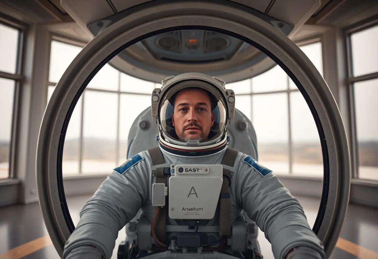 Astronaut in Training Simulation Pod An introspective image of an astronaut inside a simulation pod, immersed in training for future space missions. The soft, diffused light creates a tranquil atmosphere, enhancing the textures of the suit and the pod's interior. Centered in the frame, the astronaut's expression reflects determination and focus, embodying the rigorous preparation required for space travel. This image captures the essence of human resilience and technology in the pursuit of exploration.