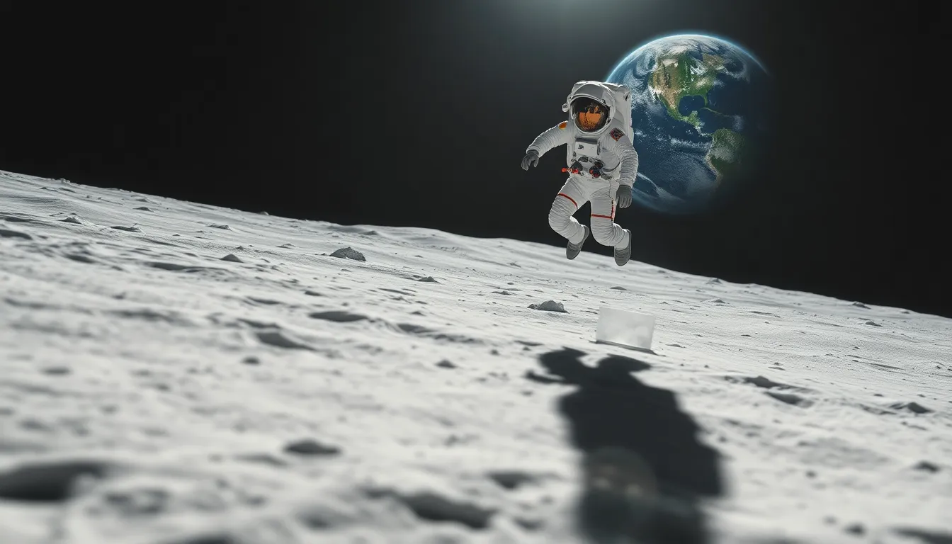 Astronaut Jumping on the Moon's Surface An action-packed image of an astronaut joyfully bouncing on the Moon's surface, showcasing the unique low gravity of the lunar environment. The bright, stark landscape shines beneath the Sun, with the Earth visible in the background, creating a beautiful contrast of colors. Mid-leap, the motion blur captures the excitement and wonder of space exploration. This dynamic shot celebrates human achievement in a challenging environment.