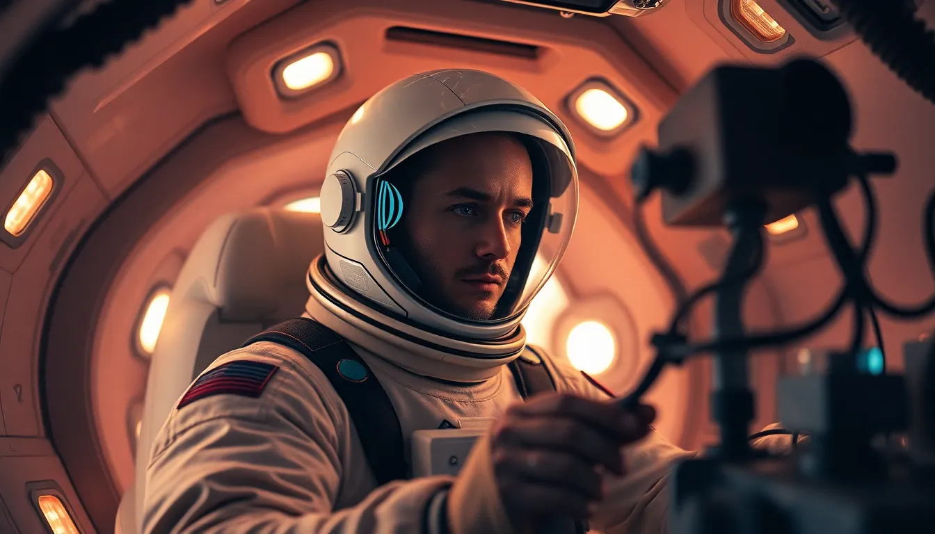 Astronaut in Zero Gravity Inside Space Station