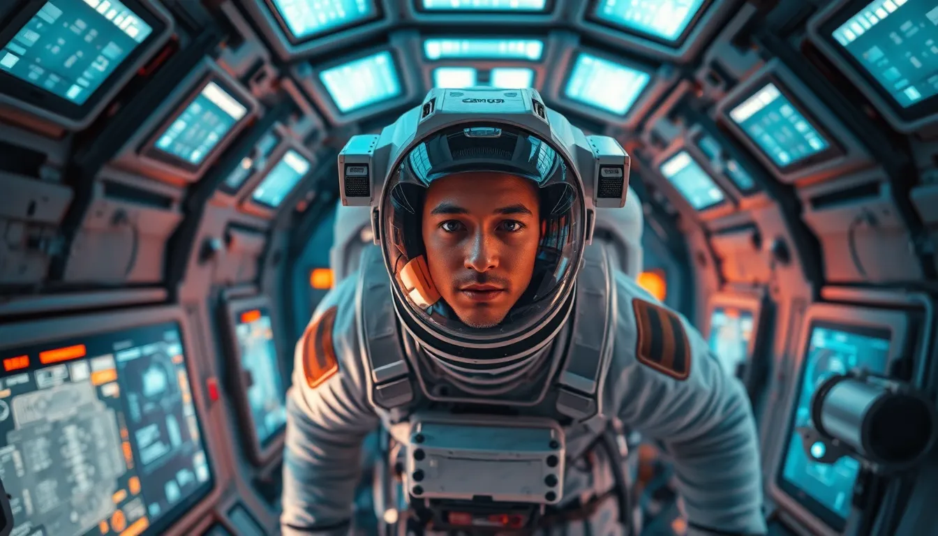 Astronaut Floating in Spacecraft An astronaut floats weightlessly inside a high-tech spacecraft, framed by panoramic windows showcasing Earth. The soft lighting creates a tranquil atmosphere, enhancing the emotional serenity of the moment. The astronaut’s focused expression reveals awe as they gaze out into space, with intricate details of spacecraft controls surrounding them. The harmonious mix of muted colors adds to the calmness of this extraordinary scene.