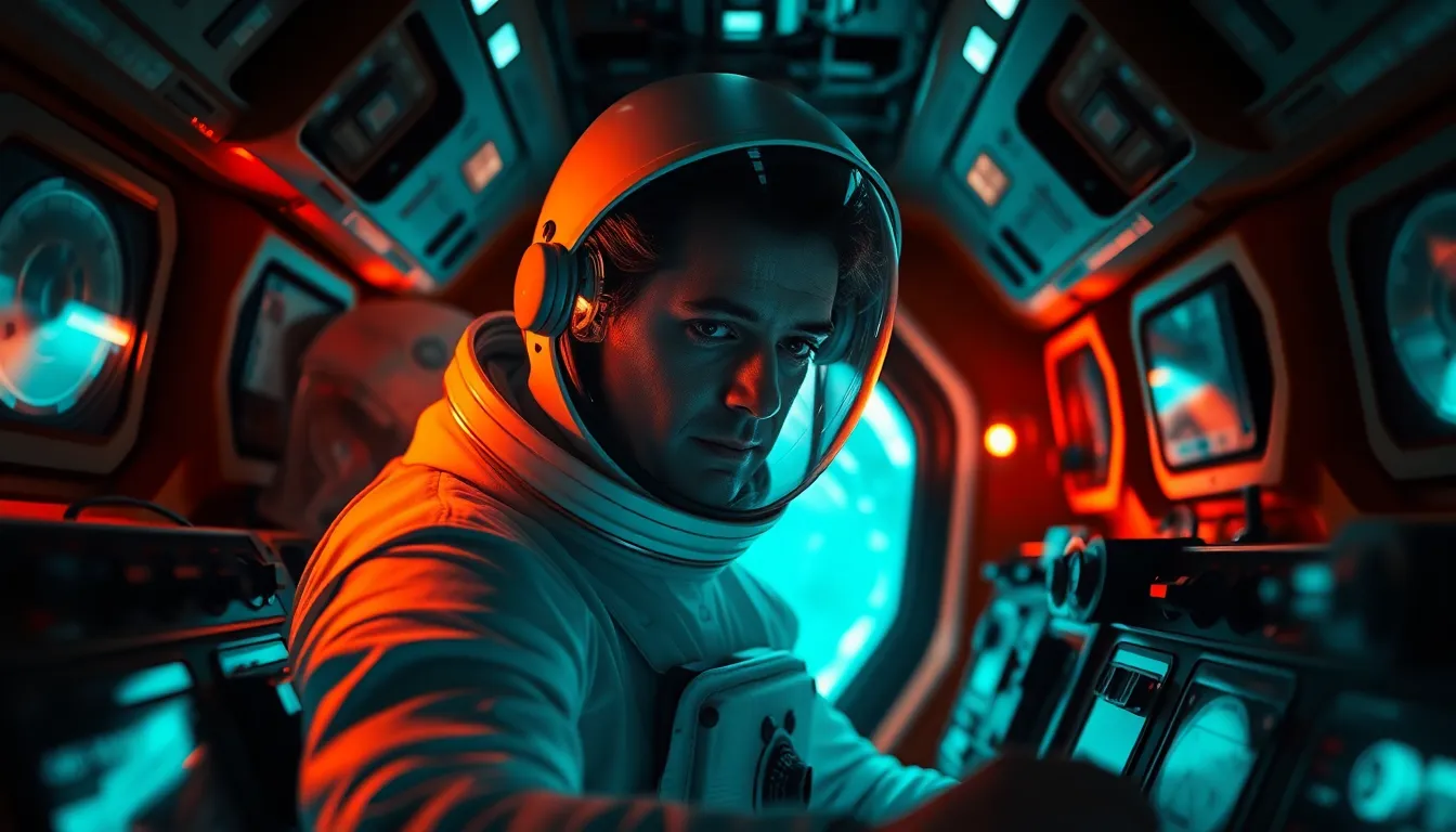 Astronaut Operating Control Panels in Spacecraft This captivating image showcases an astronaut inside a state-of-the-art spacecraft, deeply focused on complex control panels. The dramatic Rembrandt lighting accentuates the astronaut’s features, creating a sculptural quality to the scene. With a sharp focus on the face and a blurred background, viewers are drawn into the astronaut's world. The cinematic tones of teal and orange enhance the sleek, metallic textures of the spacecraft, adding to the futuristic feel.