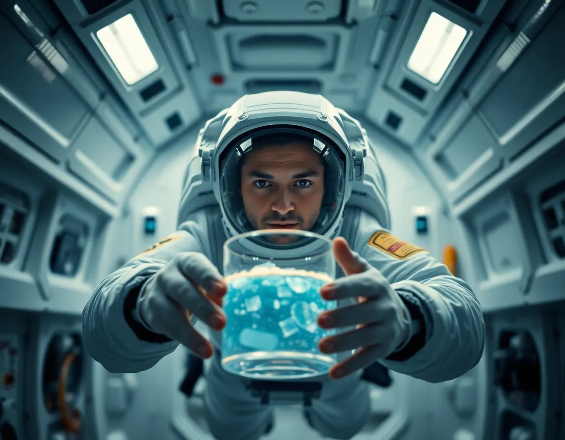 Astronaut Conducting Experiment in Space In this captivating image, an astronaut is seen floating weightlessly inside a spacecraft, fully engaged in a scientific experiment. The glowing liquid in the clear container adds an otherworldly touch, contrasting against the sterile environment of the spacecraft. The bright LED lighting enhances the focus on the astronaut’s determined expression. With muted colors and a centered composition, this image evokes a sense of exploration and innovation in the realm of space science.