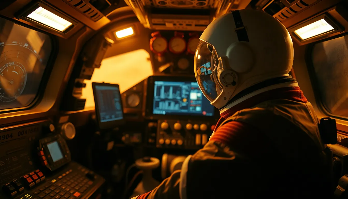 Astronaut Analyzing Data Inside Spacecraft